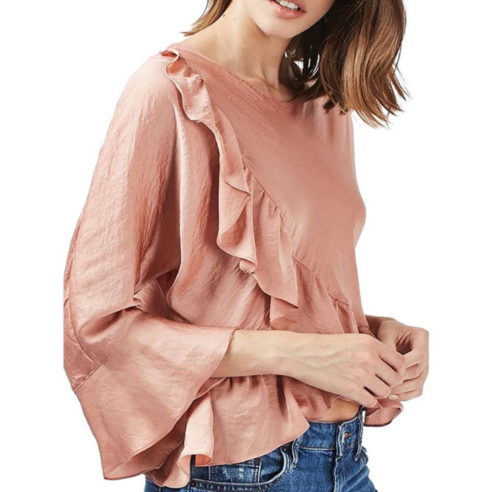 Topshop Ruffle Peplum Blouse Blush Pink Bell Sleeve Women’s Size 12